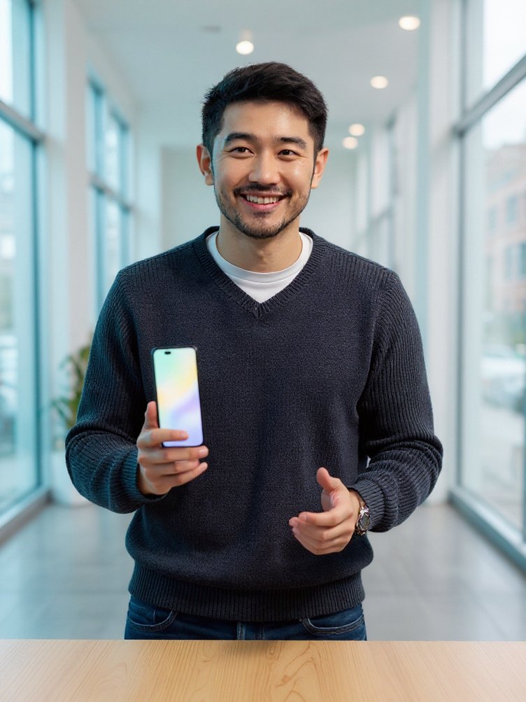 Kenji Mori, an AI host with short black hair and light stubble in a charcoal sweater, holding up a phone in a bright room with tall windows