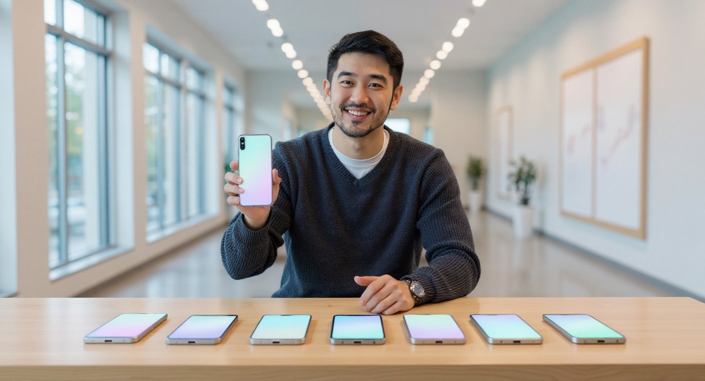Kenji Mori, an AI host in a charcoal sweater, holding up a phone at a long wooden table lined with phones