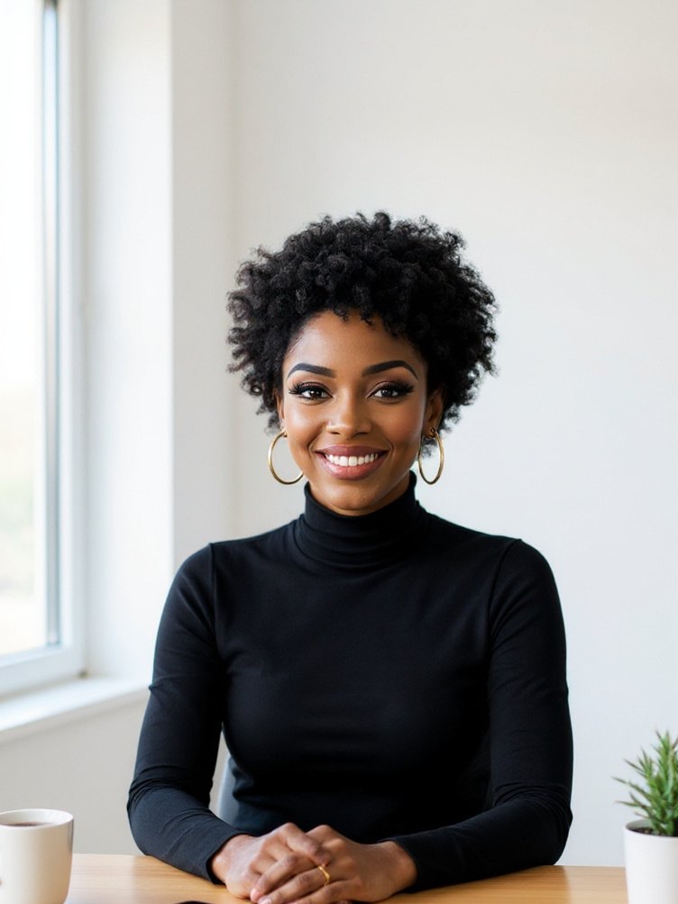Nia Blake, an AI host with short natural curls, gold hoop earrings and a black turtleneck, smiling at a light-oak desk in a bright white studio