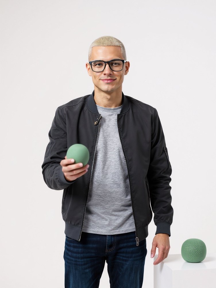 Sasha Vale, an AI host with a platinum buzz cut and clear-frame glasses in a dark bomber jacket, in a white photo studio